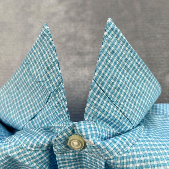 Jos A Bank Shirt Men Large Turquoise Gingham Check Cotton Travelers Button Front - Picture 4 of 16
